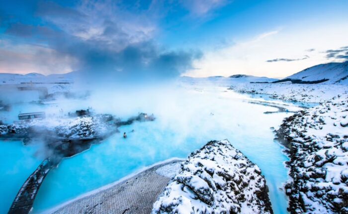 Milky-blue water in the Blue Lagoon in Iceland