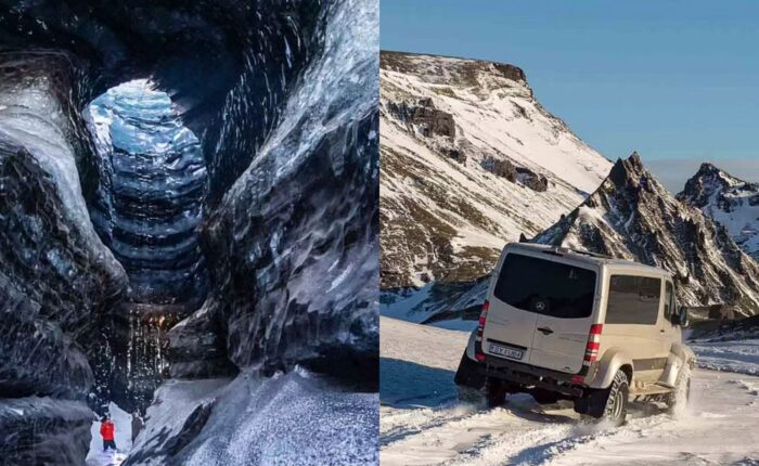 The Katla Ice Cave and super jeep on the off-road in snow