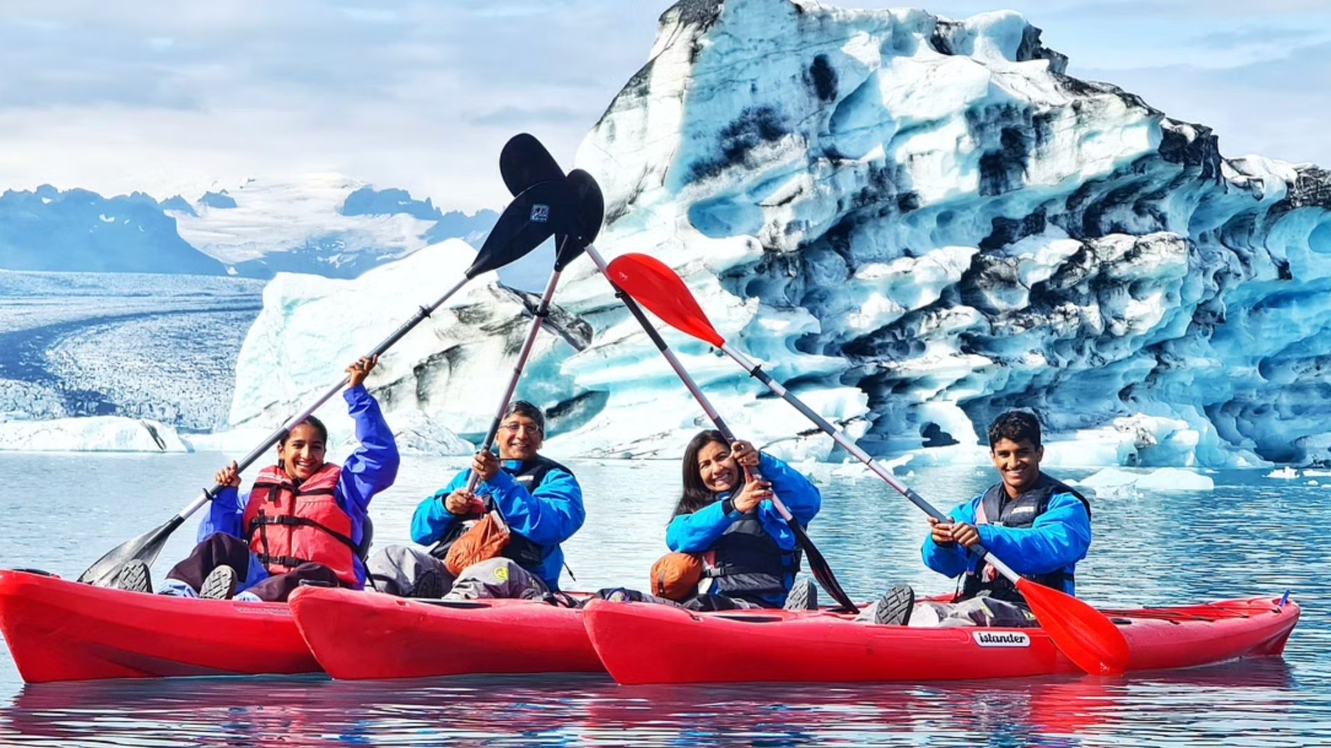 Kayaking on the Glacier Lagoon is an extreme activity to do in Iceland