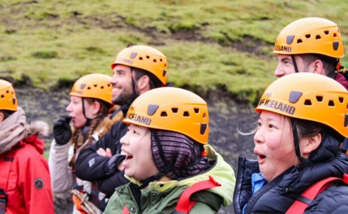 Tourists on their zip-line tour in Akureyri in North Iceland