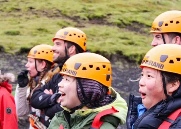 Tourists on their zip-line tour in Akureyri in North Iceland