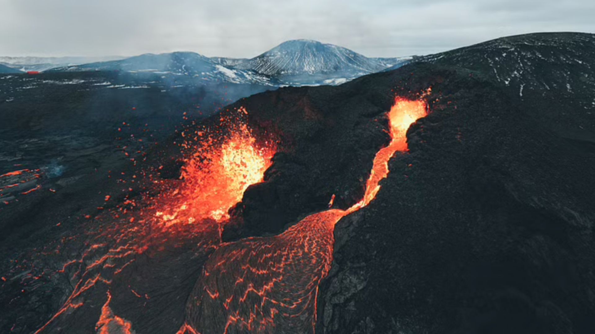Volcanic eruption with lava flowing in Iceland
