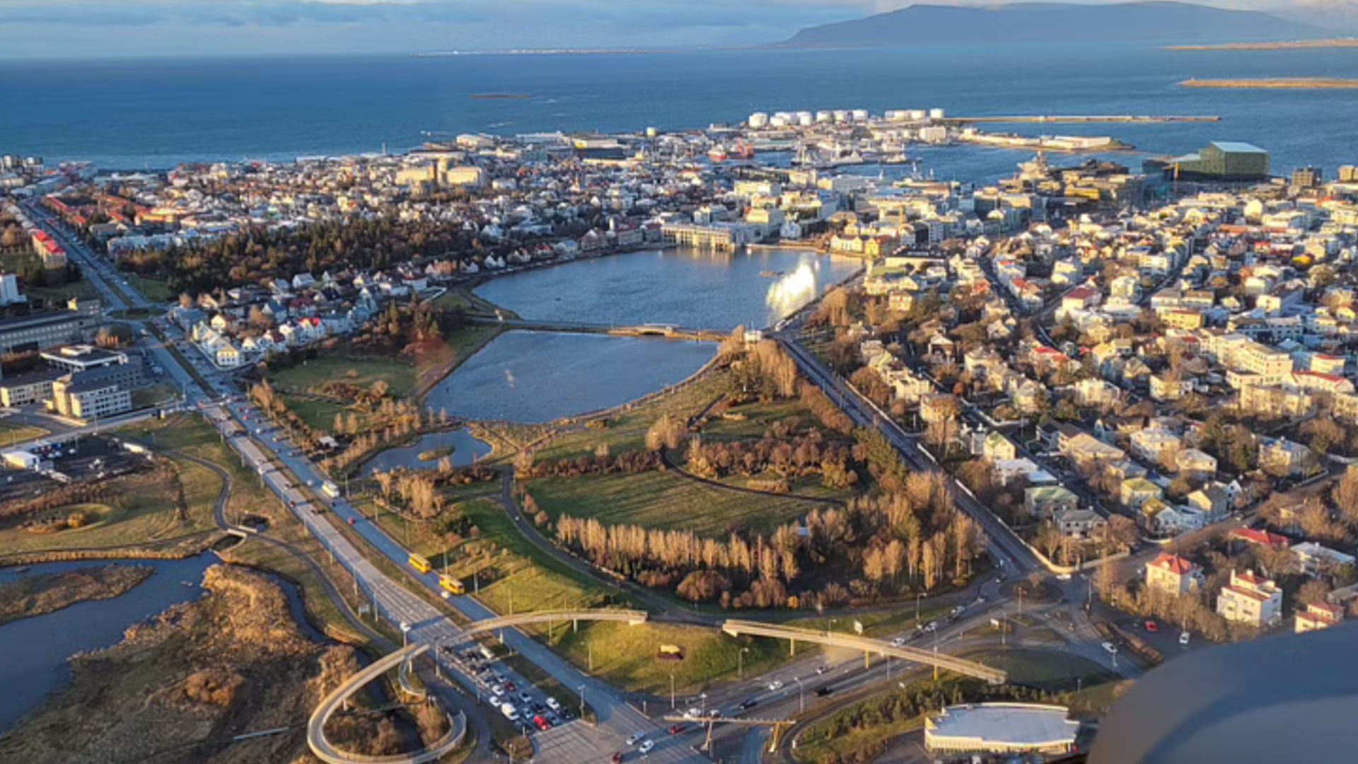 A view of Reykjavik city from the helicopter during the tour