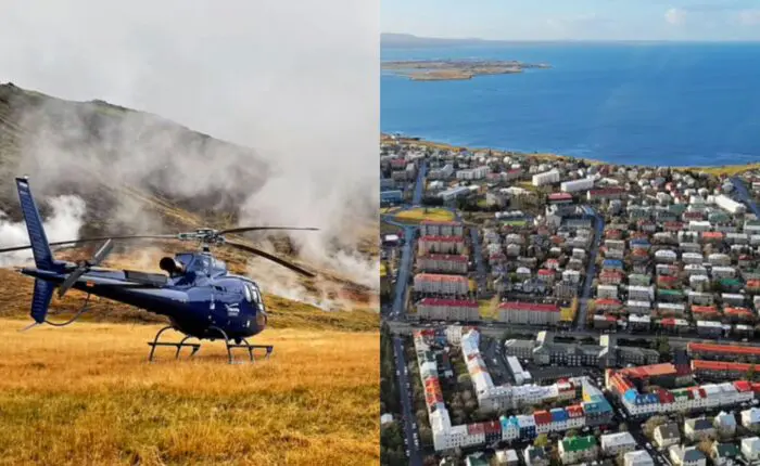 A view of Reykjavik and Hengill geothermal area from the helicopter in Iceland
