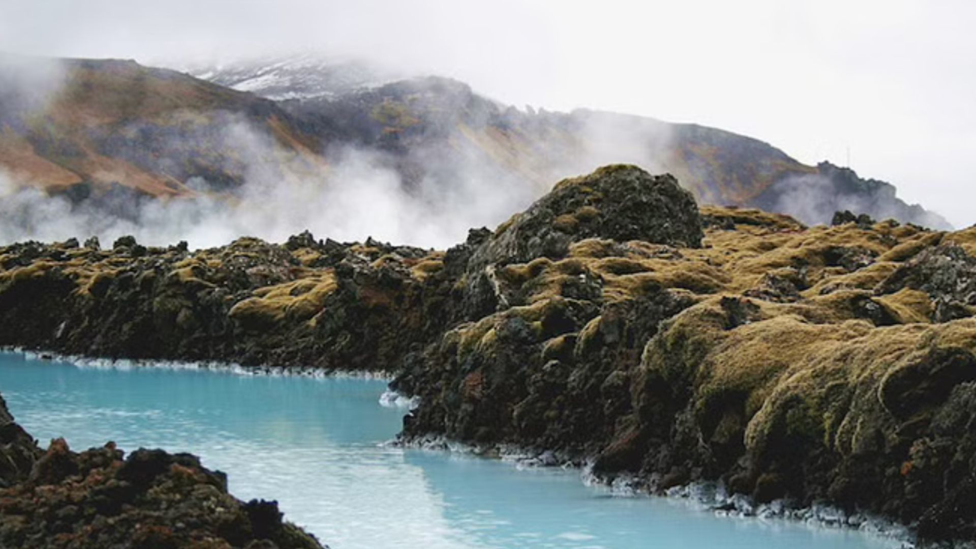 The Blue Lagoon hot water is steaming in Iceland