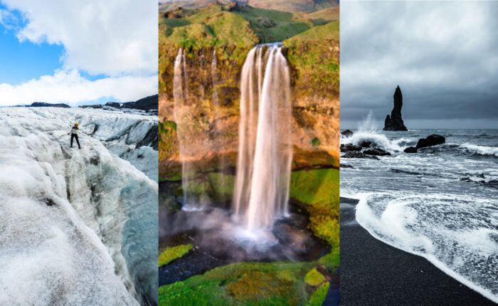 The attractions of South Iceland; glacier, waterfall and black sand beach