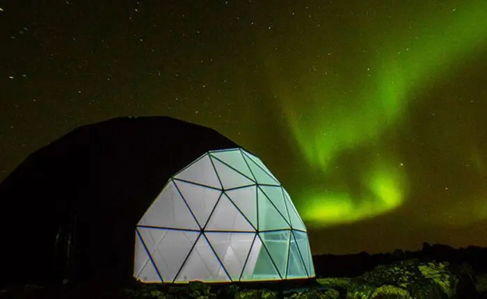 Aurora Basecamp dome with the Northern Lights