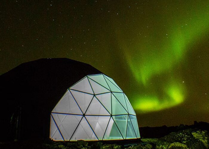 Aurora Basecamp dome with the Northern Lights