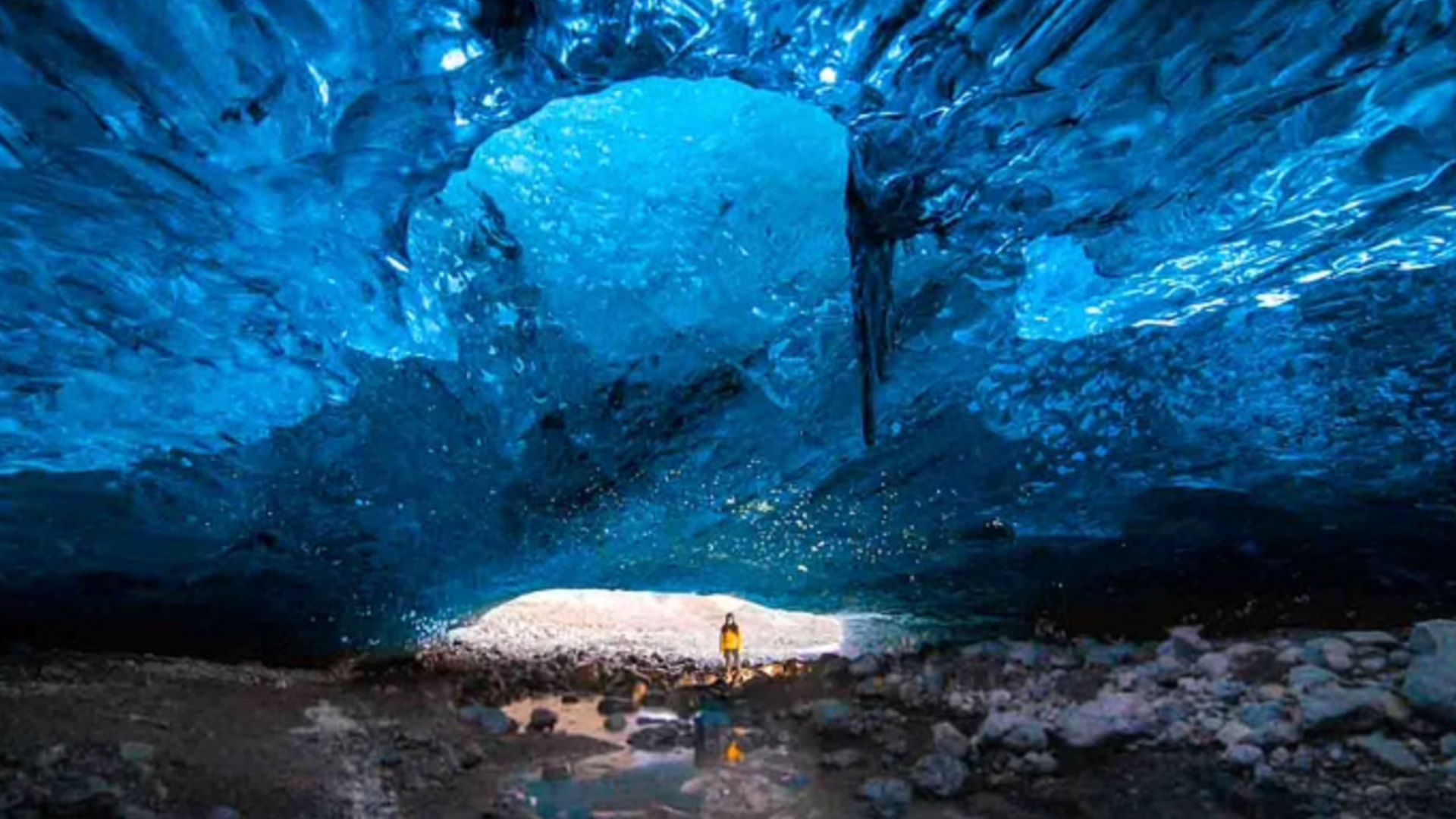 A man alone in the ice cave in Iceland