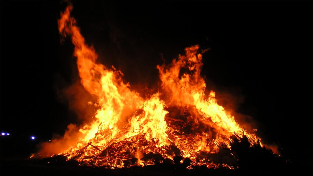 A large bonfire burning