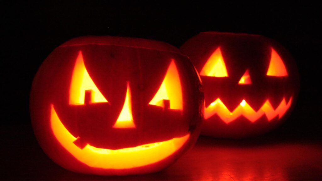 halloween in iceland, two jack O'lanterns, carved pumpkins