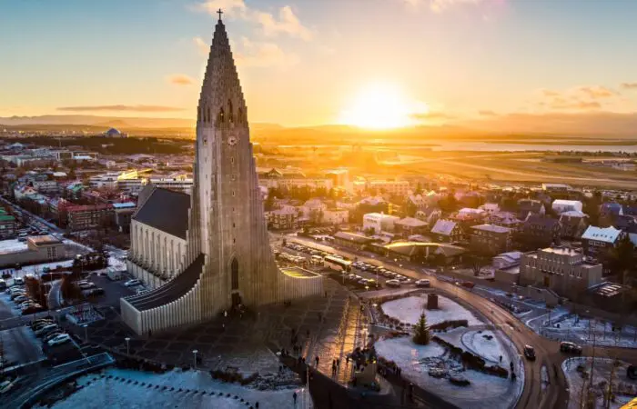 Hallgrímskirkja Church at sunset possible destination on the Private 3-hour Driving Reykjavik Tour
