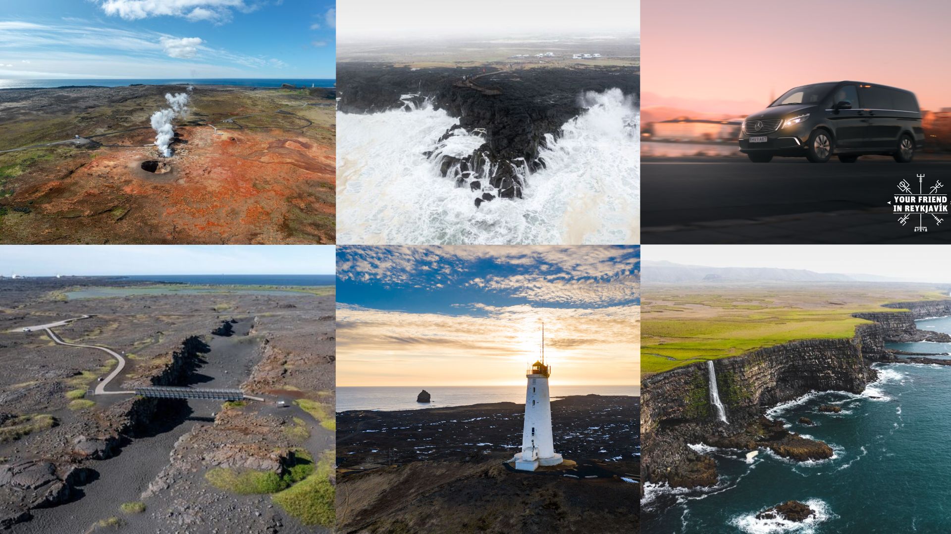 A collage of the different landscapes awaiting you during our Private Reykjanes Peninsula Tour