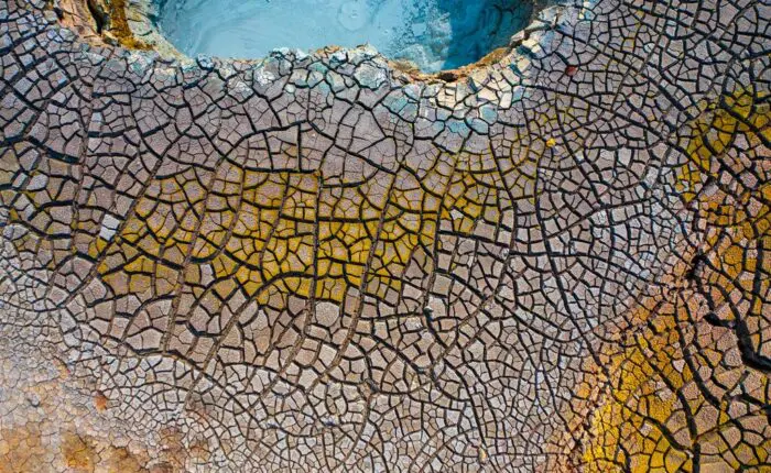 Aerial view of Gunnuhver, a highly active geothermal area in Reykjanes, Iceland