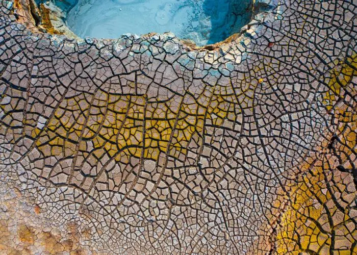 Aerial view of Gunnuhver, a highly active geothermal area in Reykjanes, Iceland