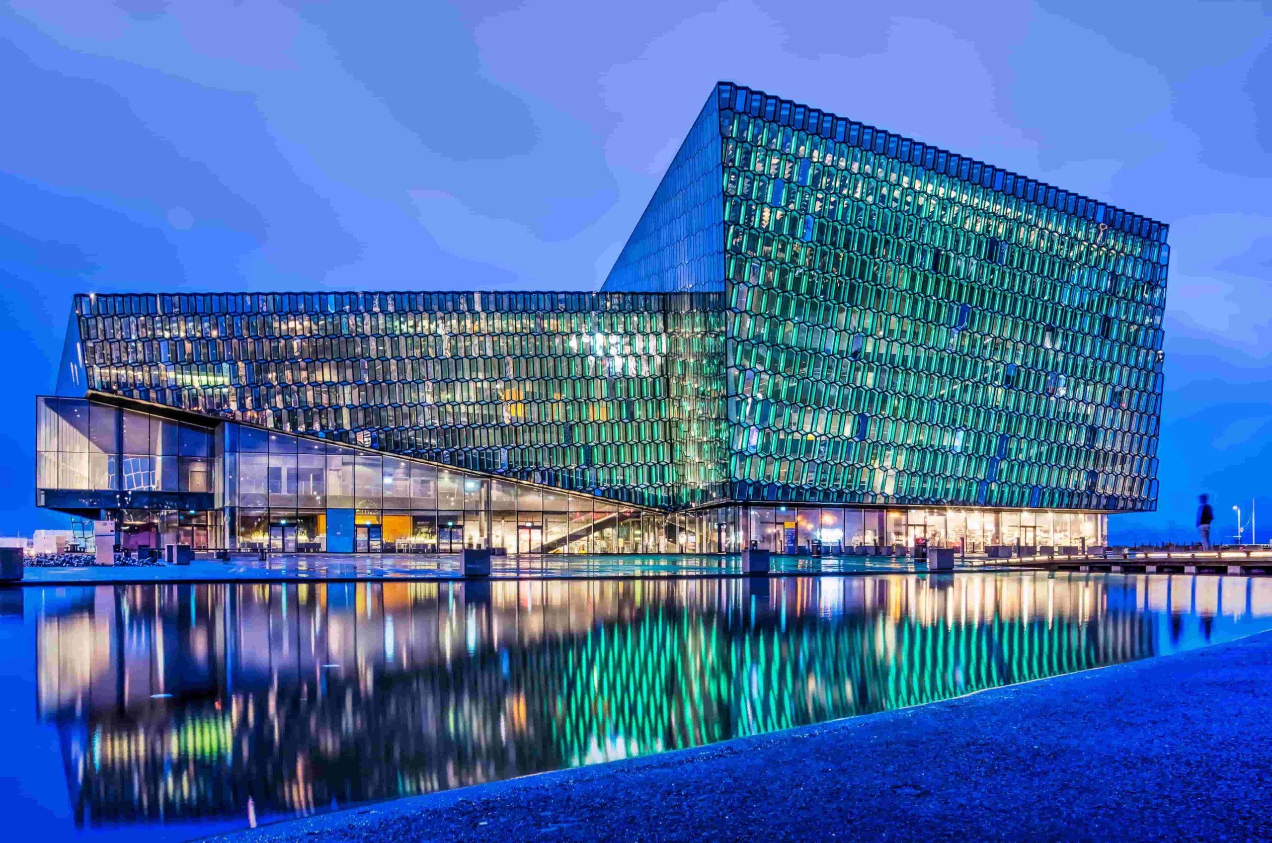 The Harpa Concert Hall in the dark with it´s LED´s turned on.