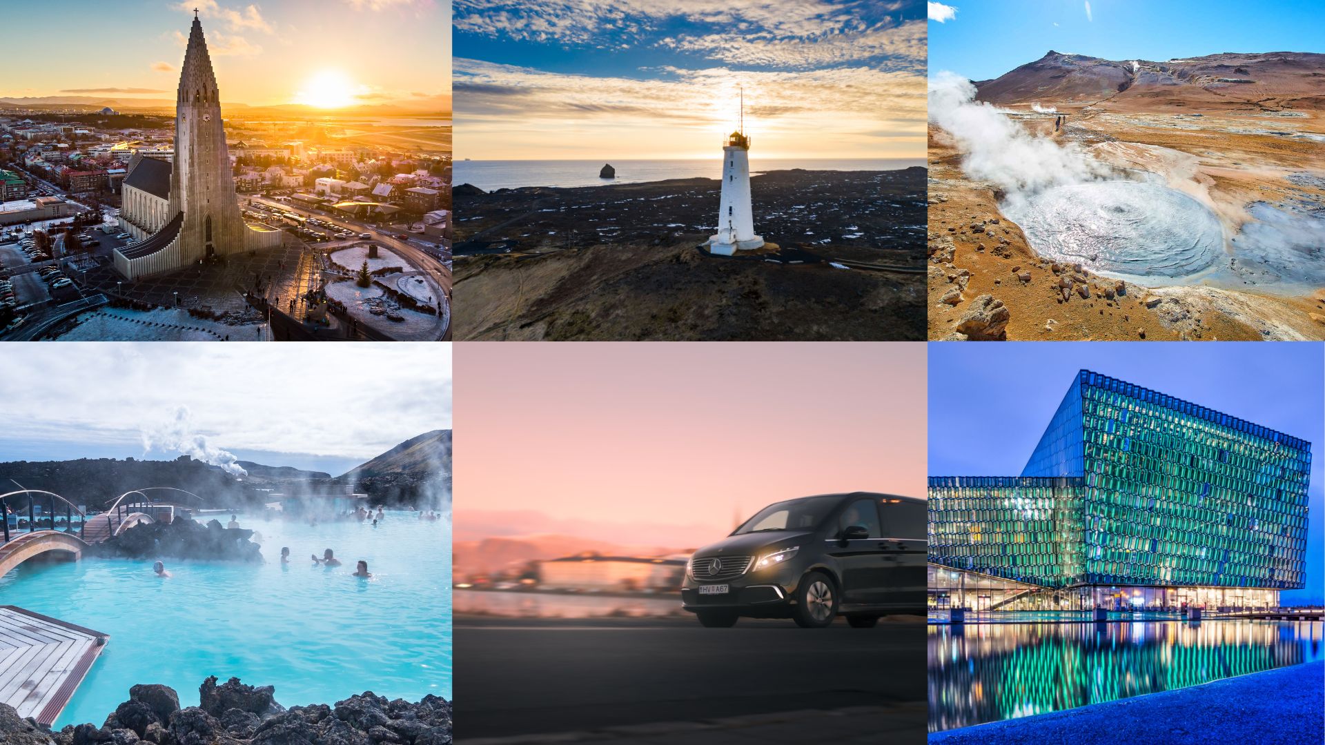 A collage of different places you will visit during your Private 5-Hour Reykjavik Driving Tour