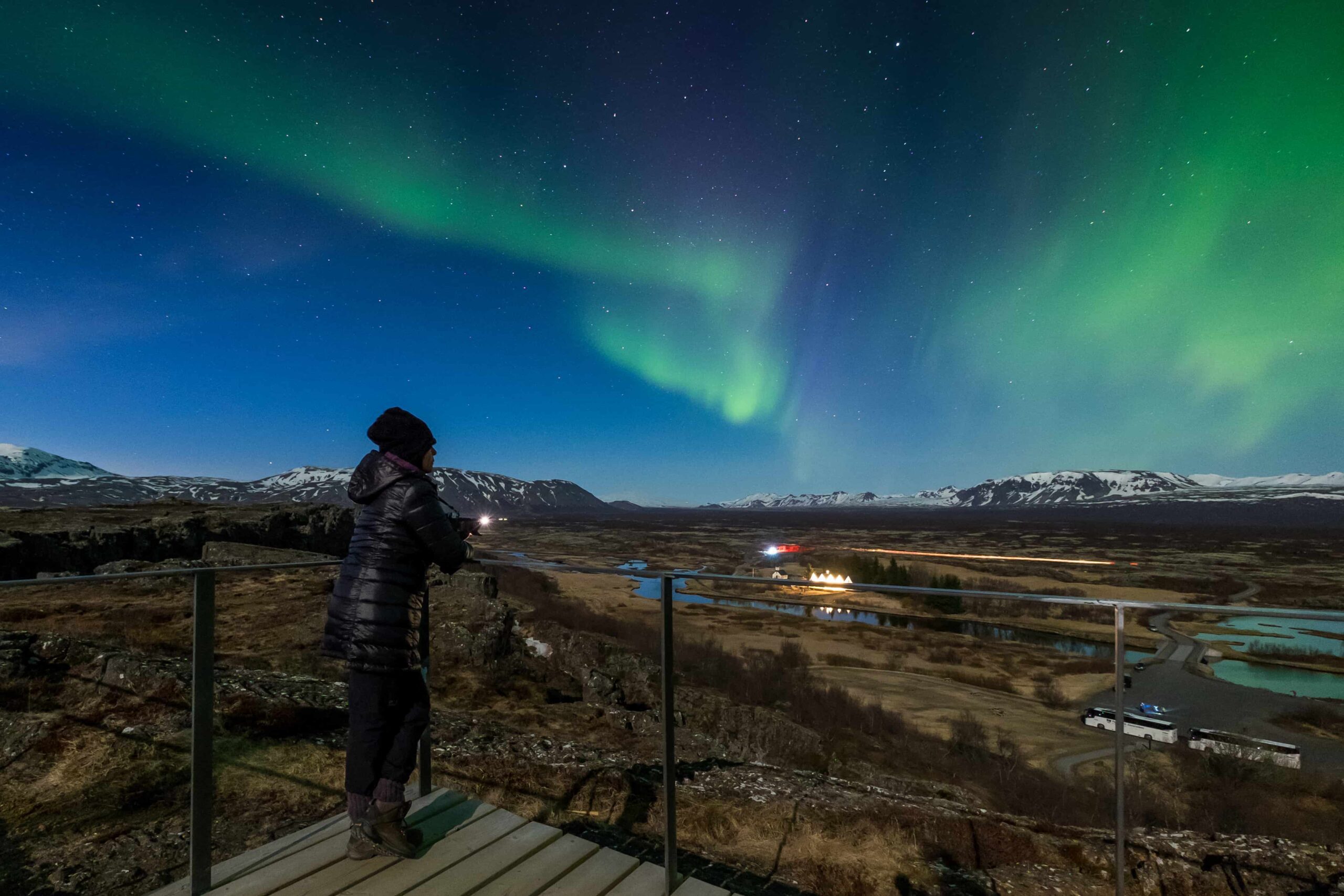 A traveller watching the Northern Lights