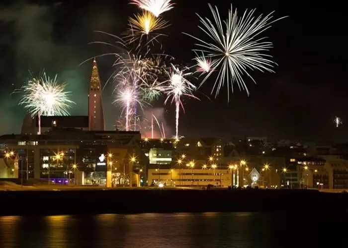 Fireworks in the night's sky above Reykjavik