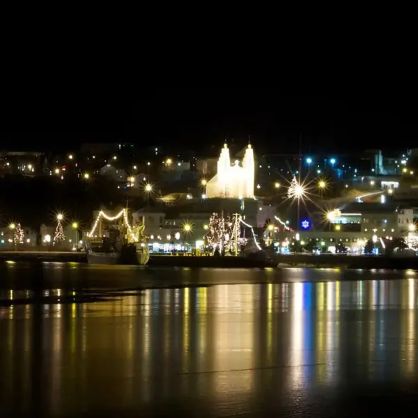 A cosy town at night all lights on