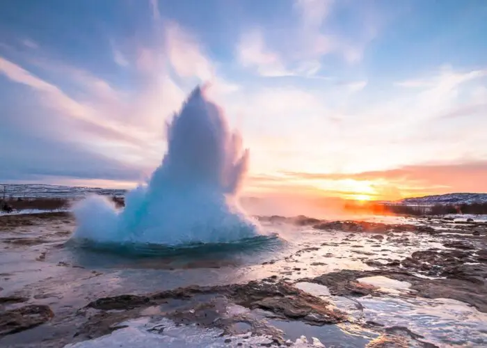 Geysir at sunset, stop on the 3 Days in Iceland: Reykjavik, Golden Circle & South Coast Tour