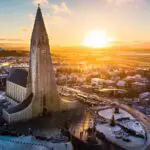 Hallgrímskirkja Church at sunset, as seen on the 3 Days in Iceland: Reykjavik section