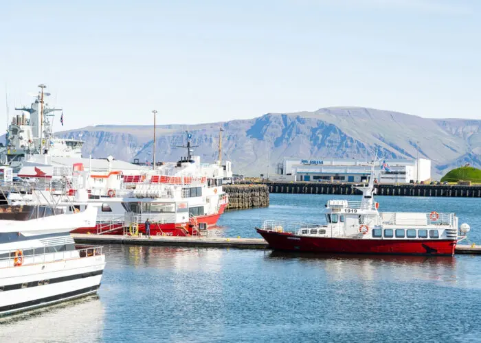 Boats rest in Reykjavik’s harbor, showcasing the blend of traditional fishing vessels and modern ships
