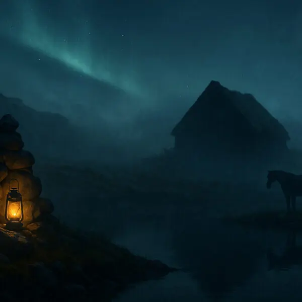 Icelandic ghosts and spirits: lantern-lit cairn, turf house, and a nykur silhouette by a misty pond under the aurora
