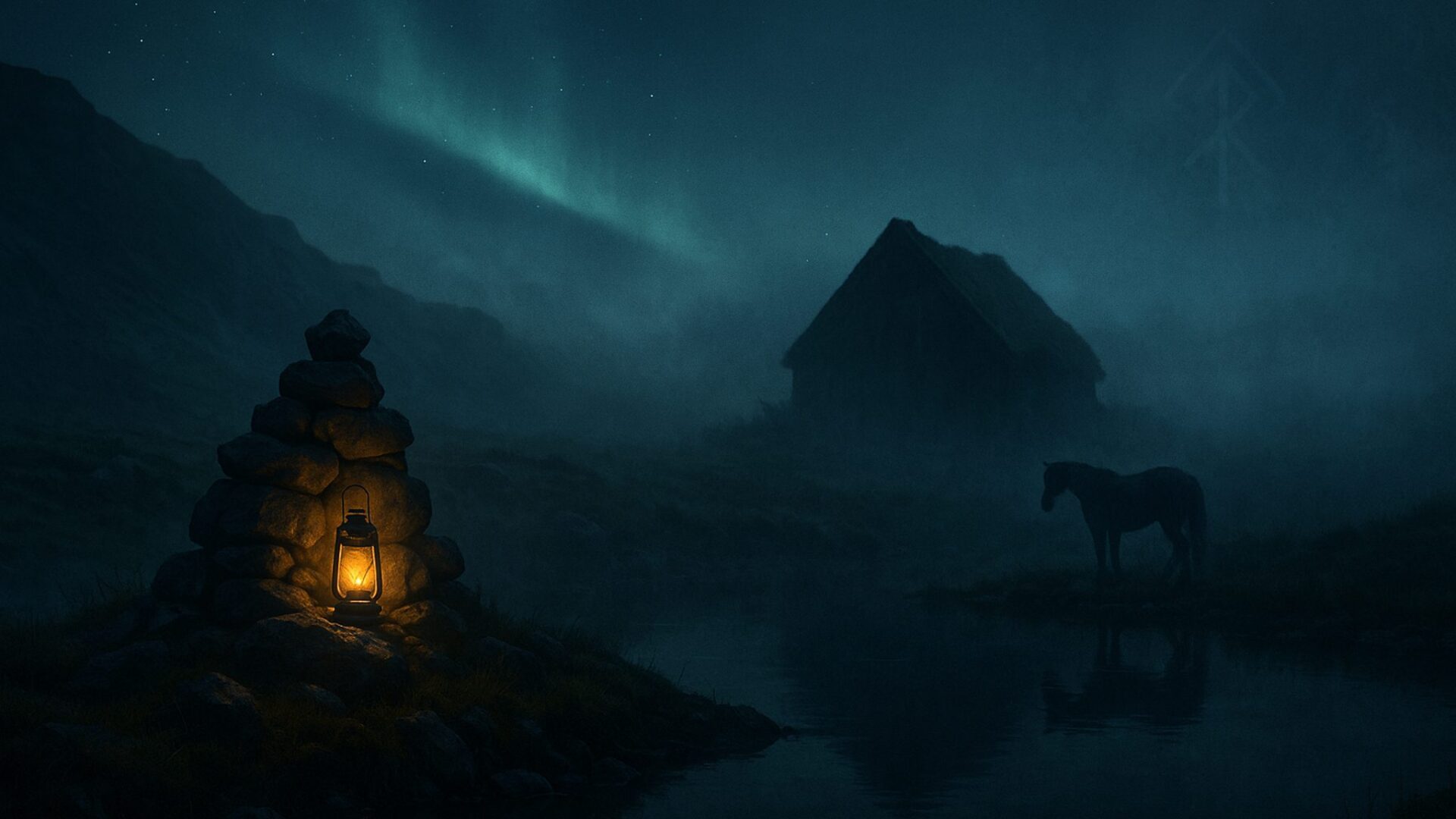 Icelandic ghosts and spirits: lantern-lit cairn, turf house, and a nykur silhouette by a misty pond under the aurora