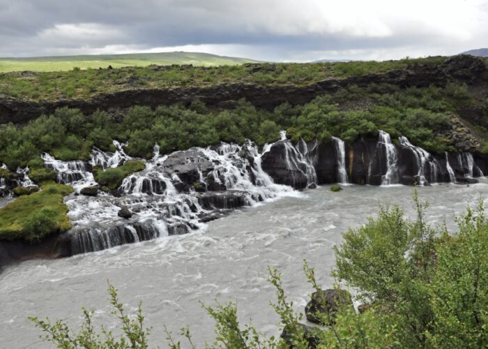Ground-level view of Hraunfossar waterfalls under overcast skies, with multiple cascades spilling over black lava rock into a grey-blue rive